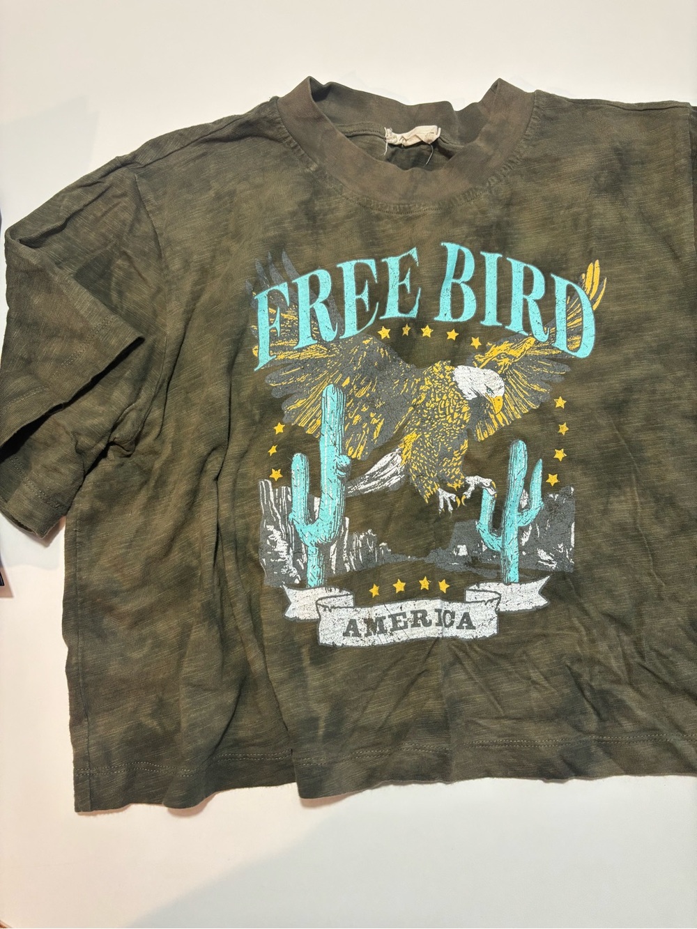 Altar’d State Green Teal & Yellow Free Bird Eagle Graphic Cotton Crop Top Tee